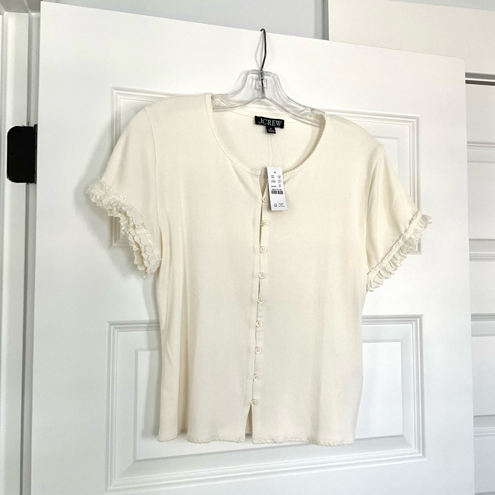 NWT J. Crew Cream Button Front Short Sleeve Knit Top, Medium